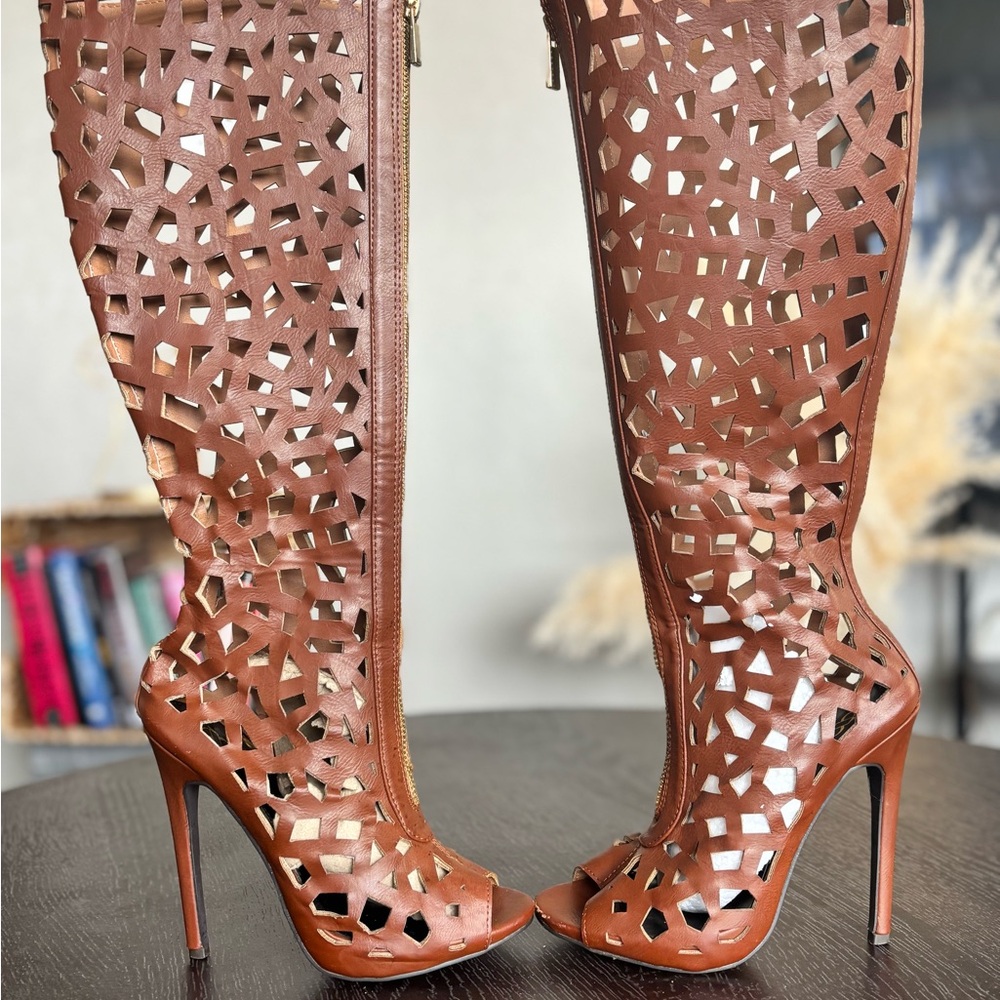 Brown Cutout Knee-High Stiletto Boots